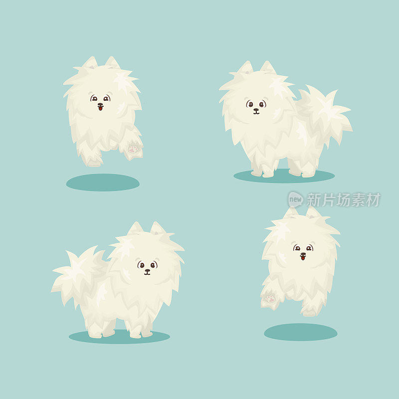 White fluffy cute cartoon happy isolated vector flat dog on blue or green background stands and runs